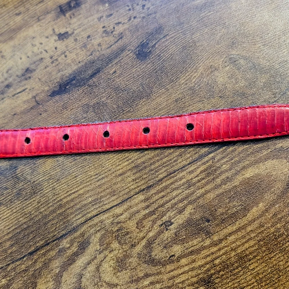 VTG Red Genuine Snake Skin Croc-Embossed Slim Belt with Gold Buckle 90s Y2K